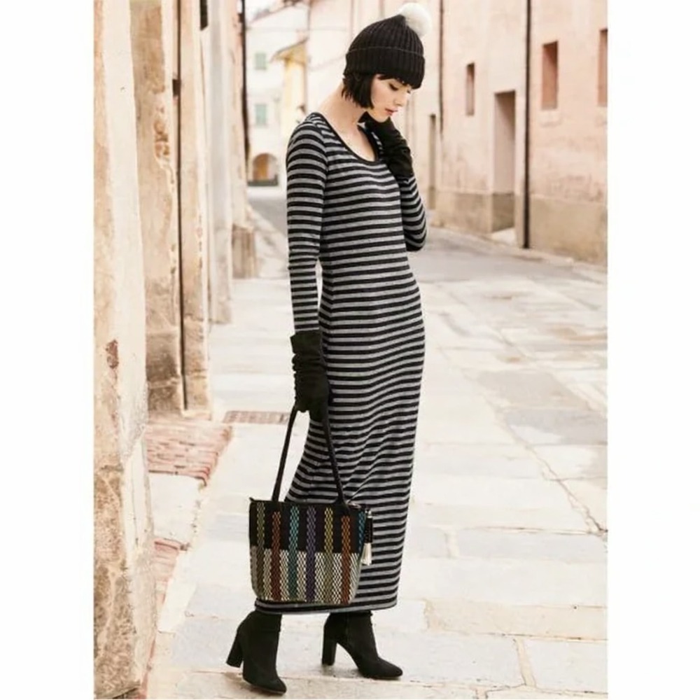PERUVIAN CONNECTION Andover Long Sleeves Scoop Neck Striped Maxi Dress‎ Medium